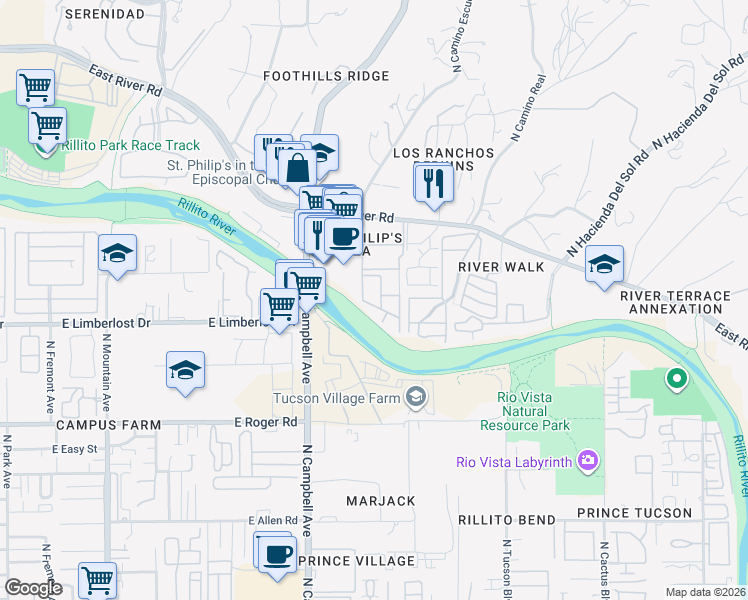 map of restaurants, bars, coffee shops, grocery stores, and more near 2016 East River Road in Tucson