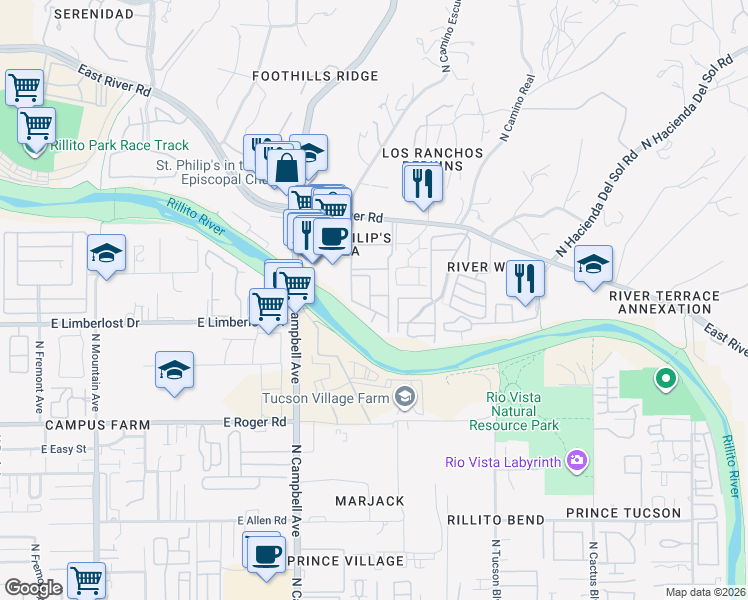 map of restaurants, bars, coffee shops, grocery stores, and more near 2032 East River Road in Tucson