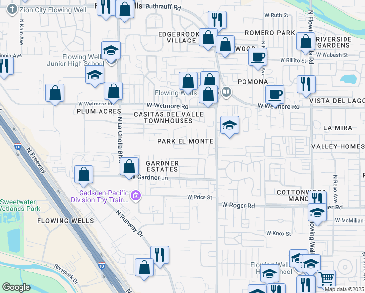map of restaurants, bars, coffee shops, grocery stores, and more near 1876 West Paseo Reforma North in Tucson