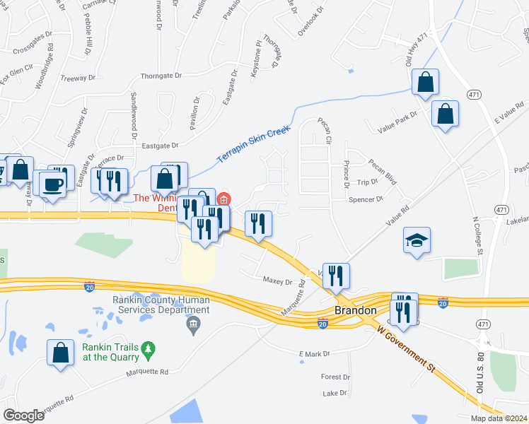 map of restaurants, bars, coffee shops, grocery stores, and more near 1290 West Government Street in Brandon