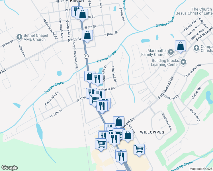 map of restaurants, bars, coffee shops, grocery stores, and more near 201 East Myrtle Street in Rincon