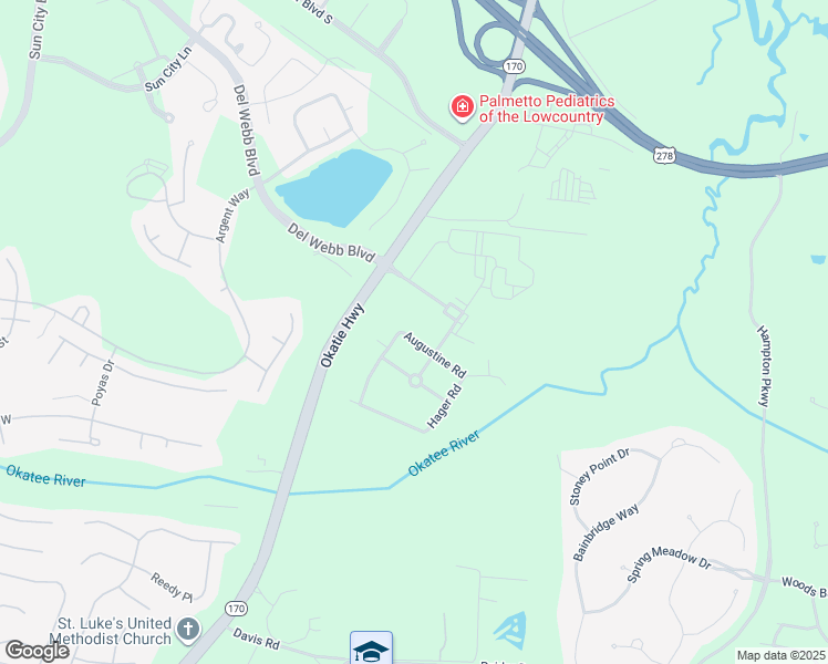 map of restaurants, bars, coffee shops, grocery stores, and more near 38 Augustine Road in Bluffton