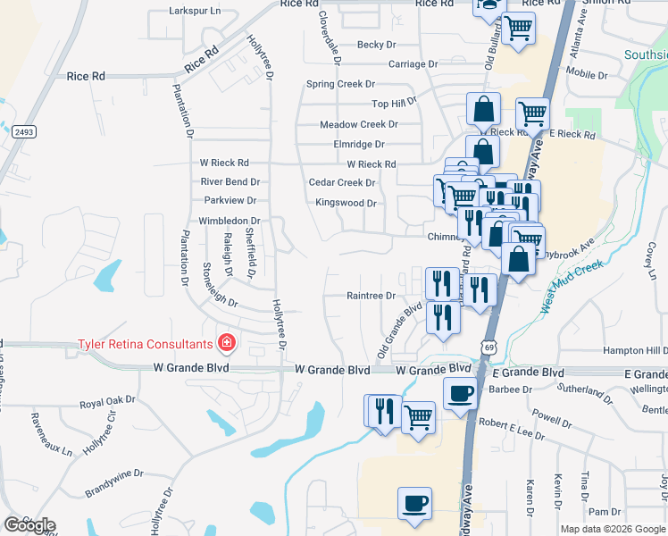 map of restaurants, bars, coffee shops, grocery stores, and more near 613 Tryon Court in Tyler