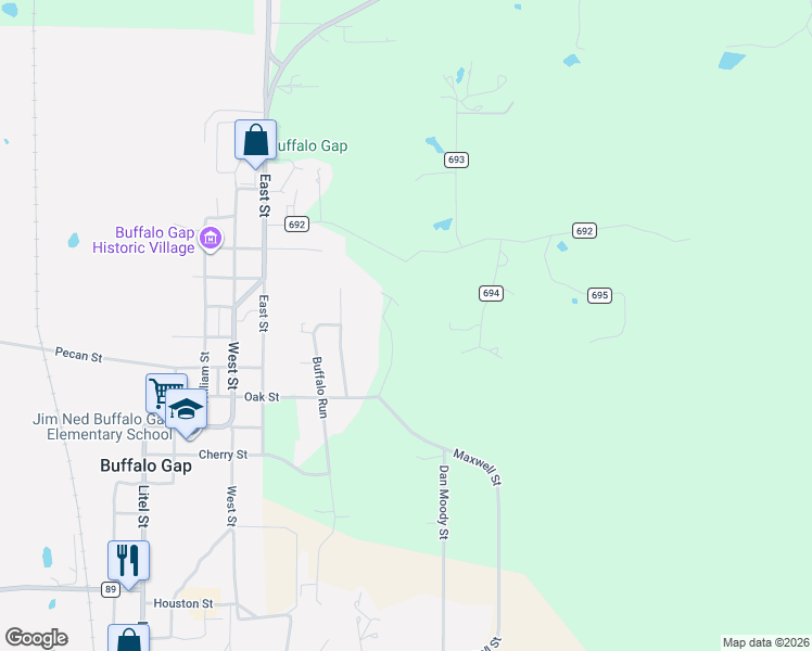 map of restaurants, bars, coffee shops, grocery stores, and more near 220 Pennington in Buffalo Gap
