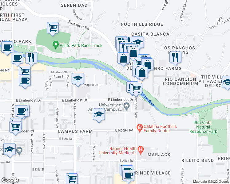 map of restaurants, bars, coffee shops, grocery stores, and more near 230 North River Grove Circle in Tucson