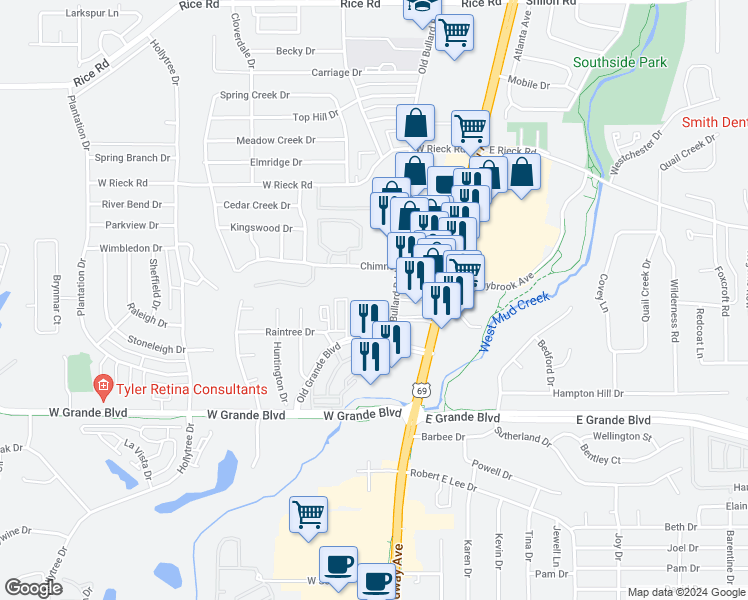 map of restaurants, bars, coffee shops, grocery stores, and more near 6001 Old Bullard Road in Tyler