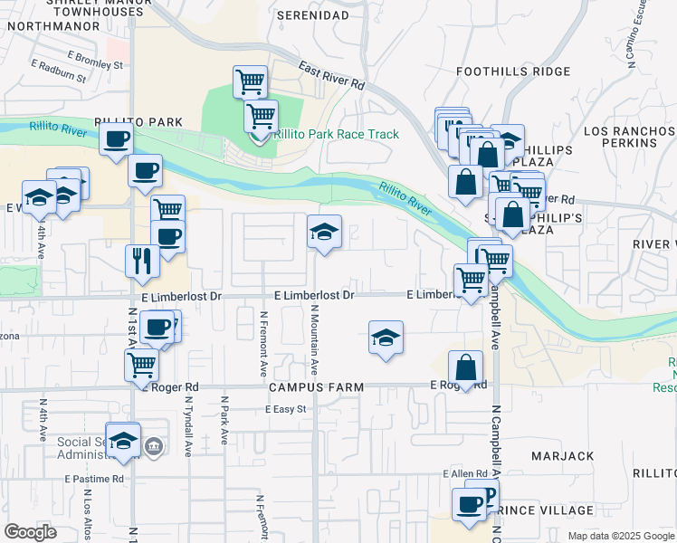 map of restaurants, bars, coffee shops, grocery stores, and more near 1351 East Limberlost Drive in Tucson