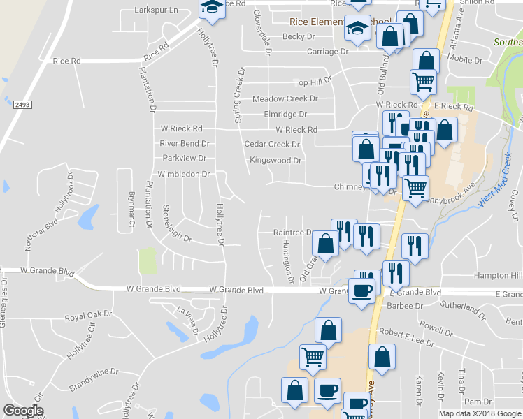 map of restaurants, bars, coffee shops, grocery stores, and more near Spring Creek Drive in Tyler