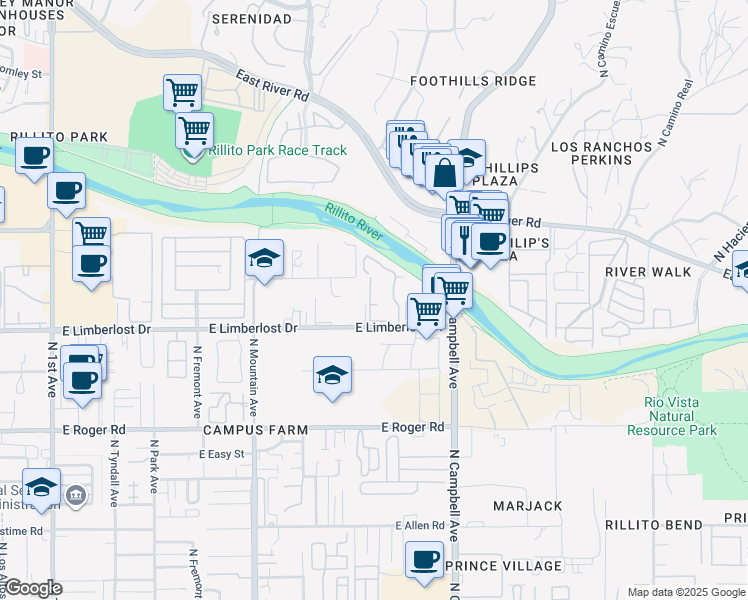 map of restaurants, bars, coffee shops, grocery stores, and more near 4277 North River Grove Circle in Tucson