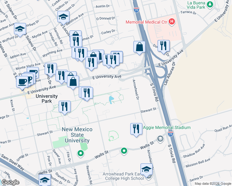 map of restaurants, bars, coffee shops, grocery stores, and more near 1780 East University Avenue in Las Cruces