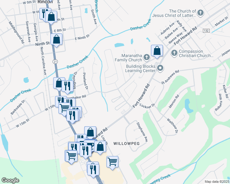 map of restaurants, bars, coffee shops, grocery stores, and more near 19 Walnut Way in Rincon