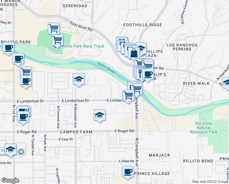 map of restaurants, bars, coffee shops, grocery stores, and more near 230 North River Grove Circle in Tucson