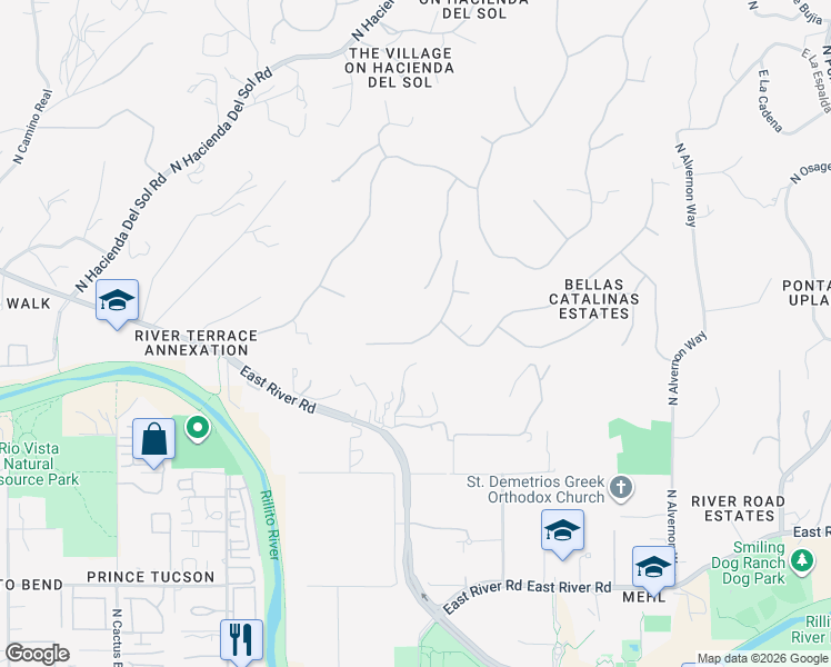 map of restaurants, bars, coffee shops, grocery stores, and more near 4287 North Placita de Sandra in Tucson