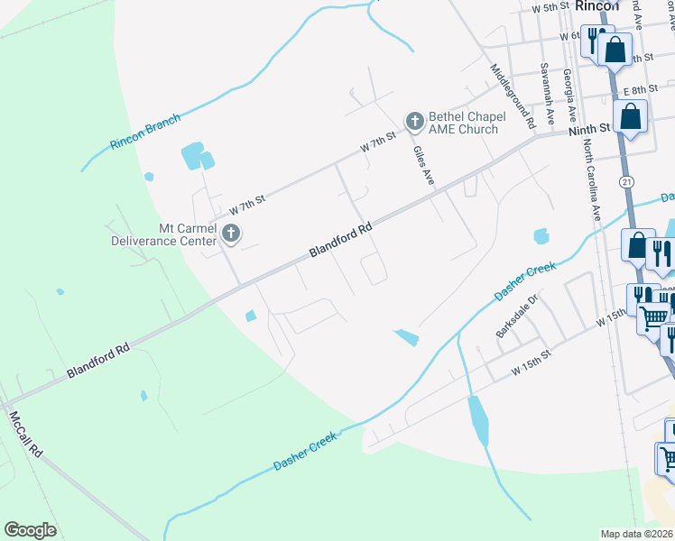 map of restaurants, bars, coffee shops, grocery stores, and more near 6 Anderson Street in Rincon