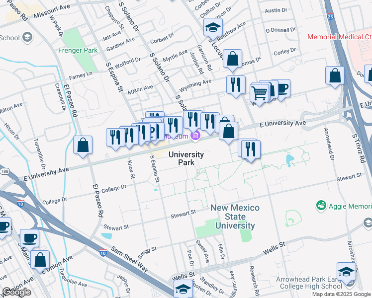 map of restaurants, bars, coffee shops, grocery stores, and more near 1168 East University Avenue in Las Cruces