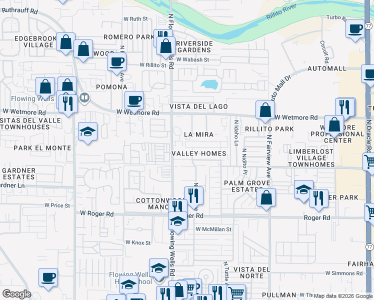 map of restaurants, bars, coffee shops, grocery stores, and more near 1326 West Hadley Street in Tucson