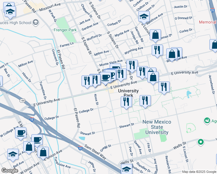 map of restaurants, bars, coffee shops, grocery stores, and more near 993 East University Avenue in Las Cruces