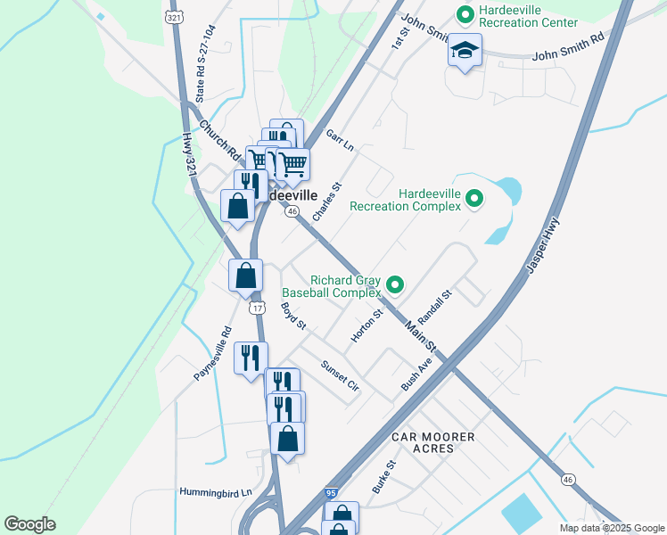 map of restaurants, bars, coffee shops, grocery stores, and more near 100-198 Highway 46 in Hardeeville