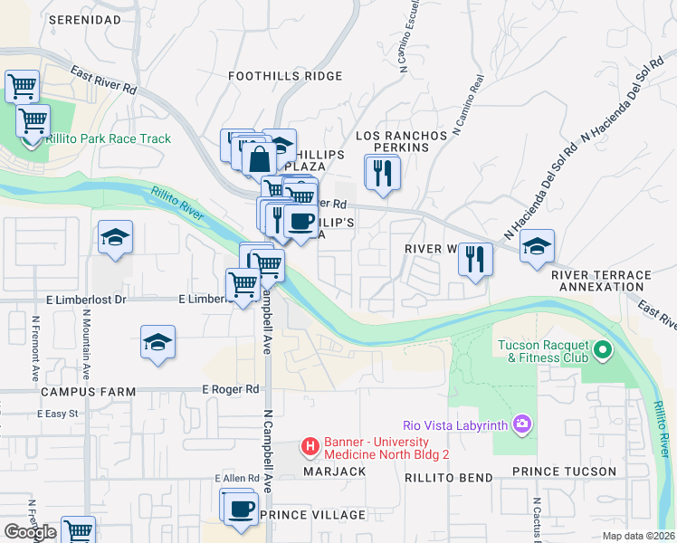 map of restaurants, bars, coffee shops, grocery stores, and more near 2022 East River Road in Tucson