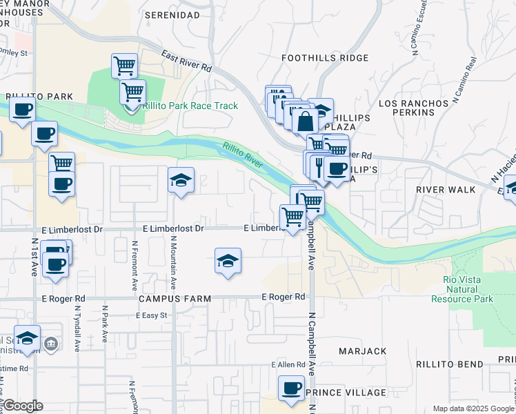 map of restaurants, bars, coffee shops, grocery stores, and more near 230 North River Grove Circle in Tucson