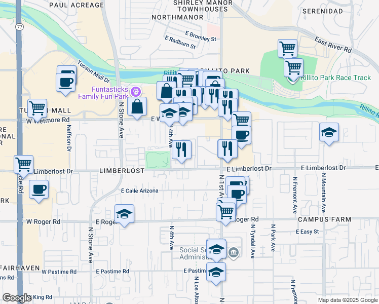 map of restaurants, bars, coffee shops, grocery stores, and more near 555 East Limberlost Drive in Tucson