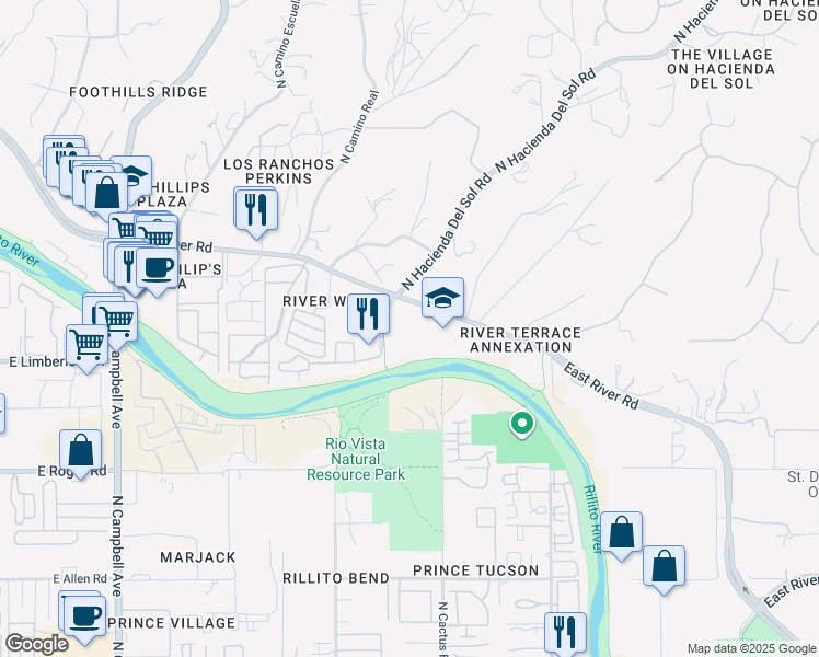 map of restaurants, bars, coffee shops, grocery stores, and more near 2720 East River Road in Tucson