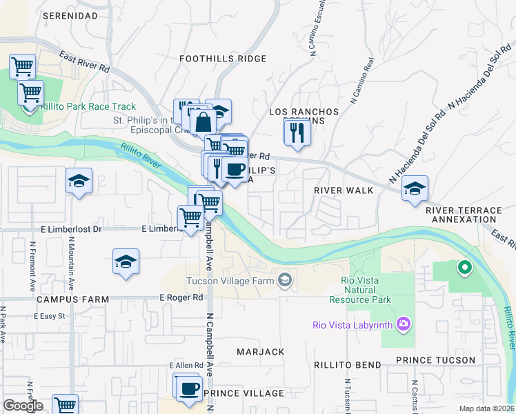 map of restaurants, bars, coffee shops, grocery stores, and more near 2016 East River Road in Tucson