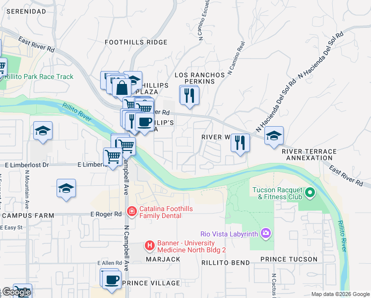 map of restaurants, bars, coffee shops, grocery stores, and more near 2264 East Camino Canción in Tucson