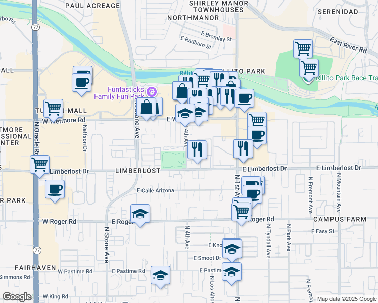 map of restaurants, bars, coffee shops, grocery stores, and more near 4254 North 4th Avenue in Tucson