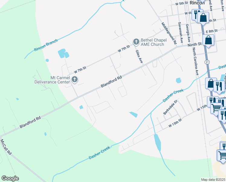 map of restaurants, bars, coffee shops, grocery stores, and more near 20 Anderson Street in Rincon