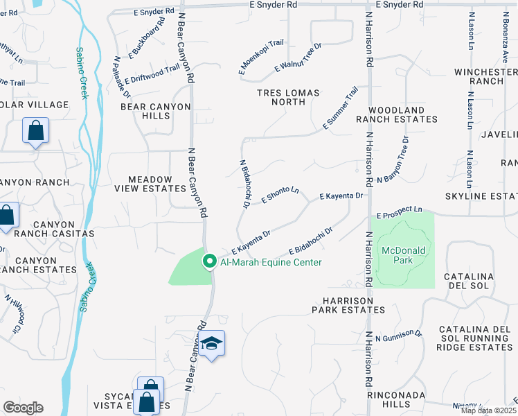 map of restaurants, bars, coffee shops, grocery stores, and more near 9190 East Shonto Lane in Tucson