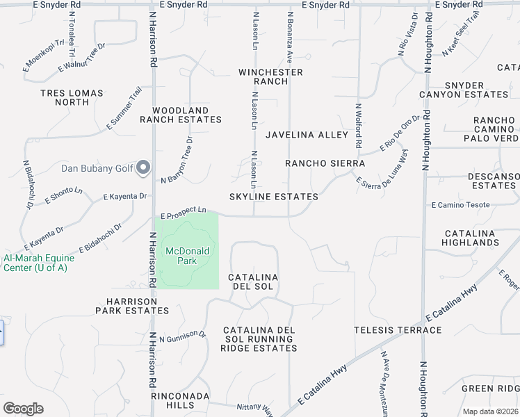 map of restaurants, bars, coffee shops, grocery stores, and more near 9801 East Prospect Lane in Tucson