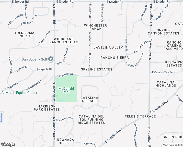 map of restaurants, bars, coffee shops, grocery stores, and more near 9801 East Prospect Lane in Tucson