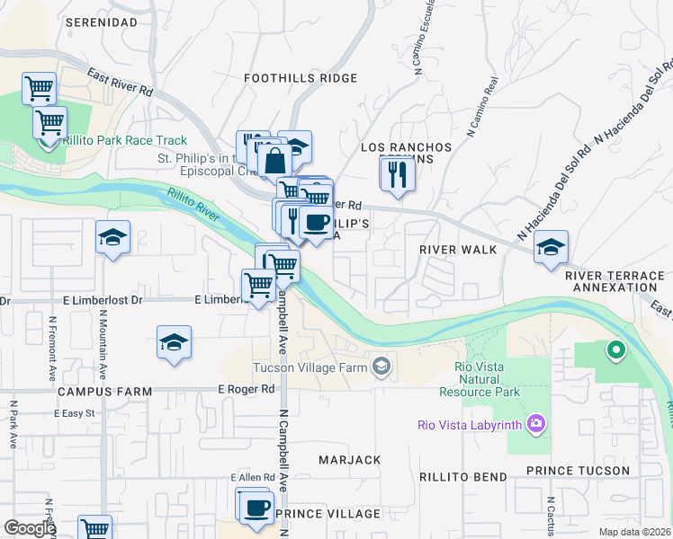 map of restaurants, bars, coffee shops, grocery stores, and more near 2016 East River Road in Tucson