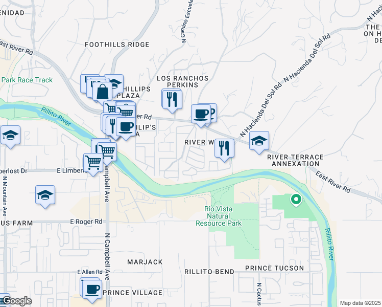 map of restaurants, bars, coffee shops, grocery stores, and more near 4277 North Golden Ridge Lane in Tucson