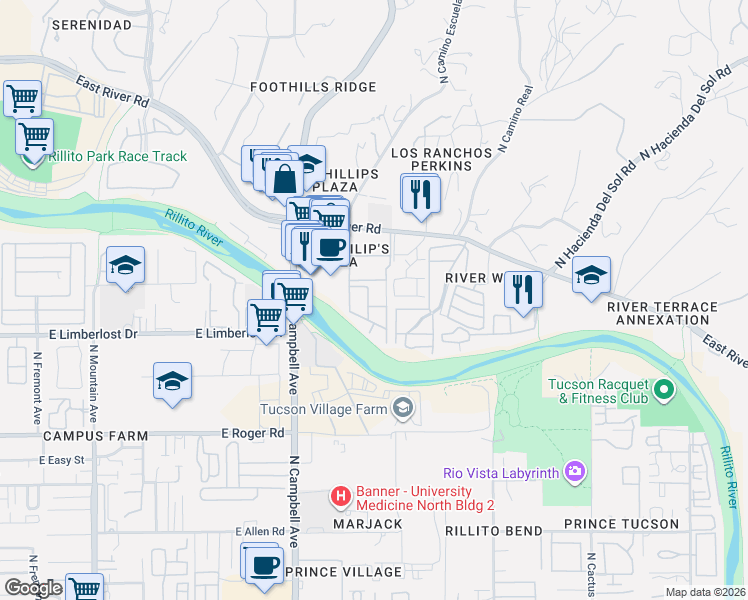 map of restaurants, bars, coffee shops, grocery stores, and more near 2022 East River Road in Tucson