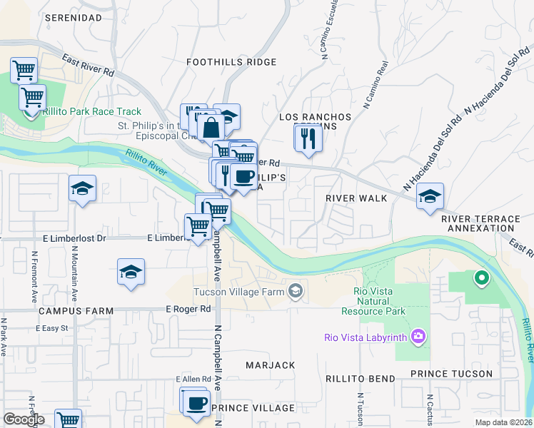 map of restaurants, bars, coffee shops, grocery stores, and more near 2016 East River Road in Tucson