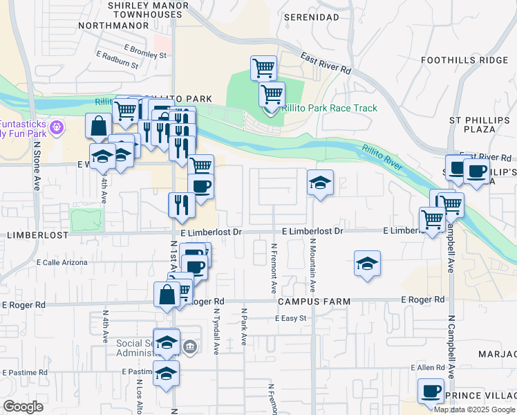 map of restaurants, bars, coffee shops, grocery stores, and more near Park Pl in Tucson