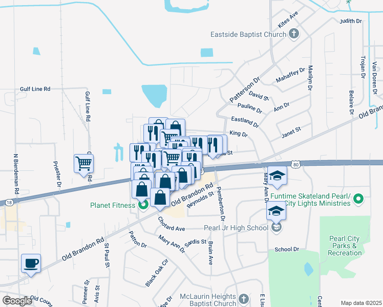 map of restaurants, bars, coffee shops, grocery stores, and more near 200 George Wallace Drive in Pearl
