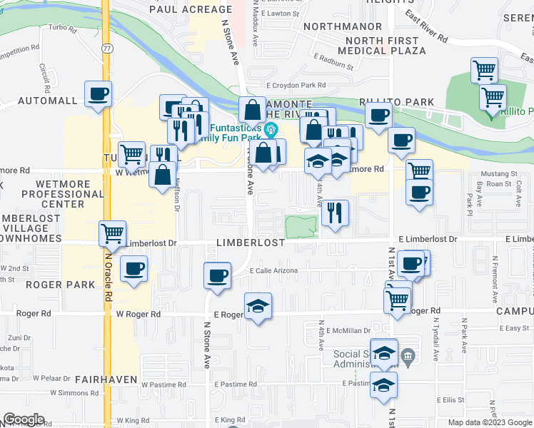 map of restaurants, bars, coffee shops, grocery stores, and more near 246 East Hadley Street in Tucson