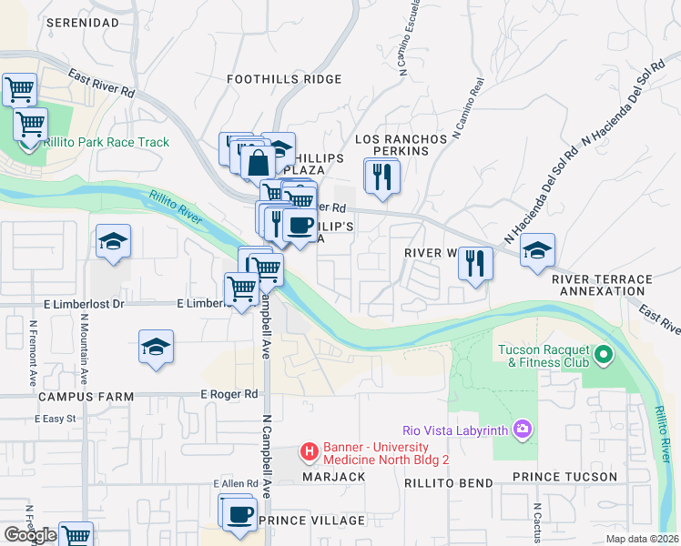map of restaurants, bars, coffee shops, grocery stores, and more near 2022 East River Road in Tucson