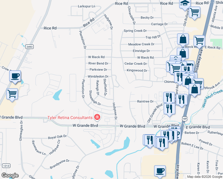 map of restaurants, bars, coffee shops, grocery stores, and more near 5901 Hollytree Drive in Tyler
