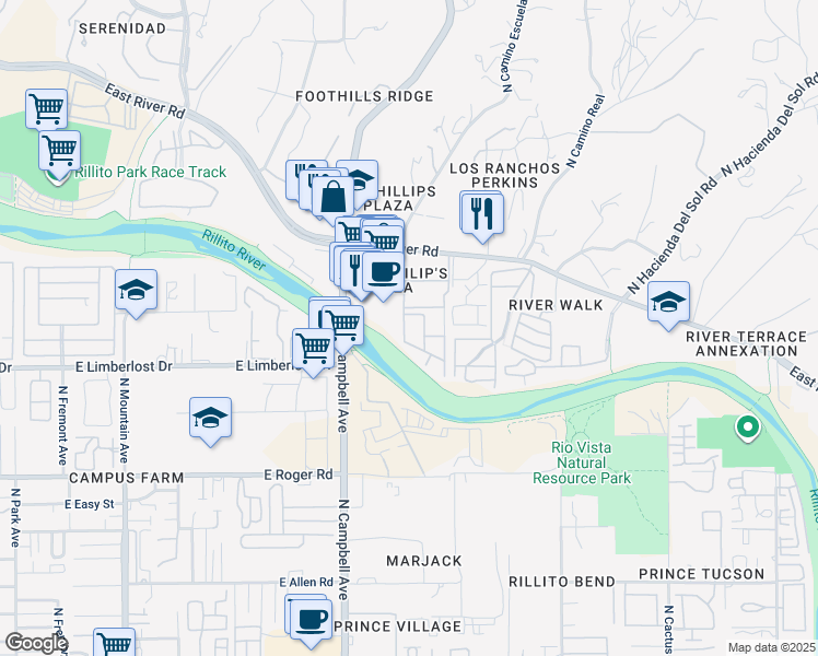 map of restaurants, bars, coffee shops, grocery stores, and more near 2016 East River Road in Tucson