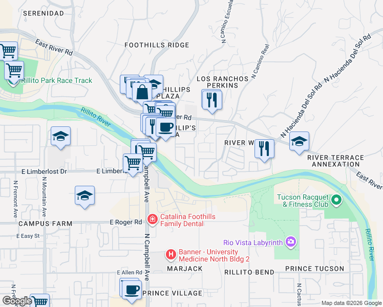map of restaurants, bars, coffee shops, grocery stores, and more near 2022 East River Road in Tucson