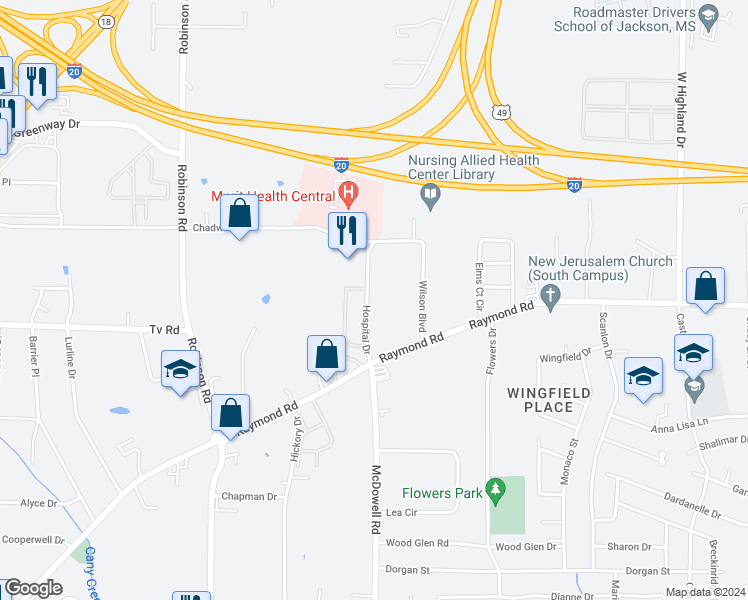 map of restaurants, bars, coffee shops, grocery stores, and more near 1828 Hospital Drive in Jackson