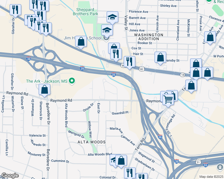 map of restaurants, bars, coffee shops, grocery stores, and more near 386 Raymond Road in Jackson