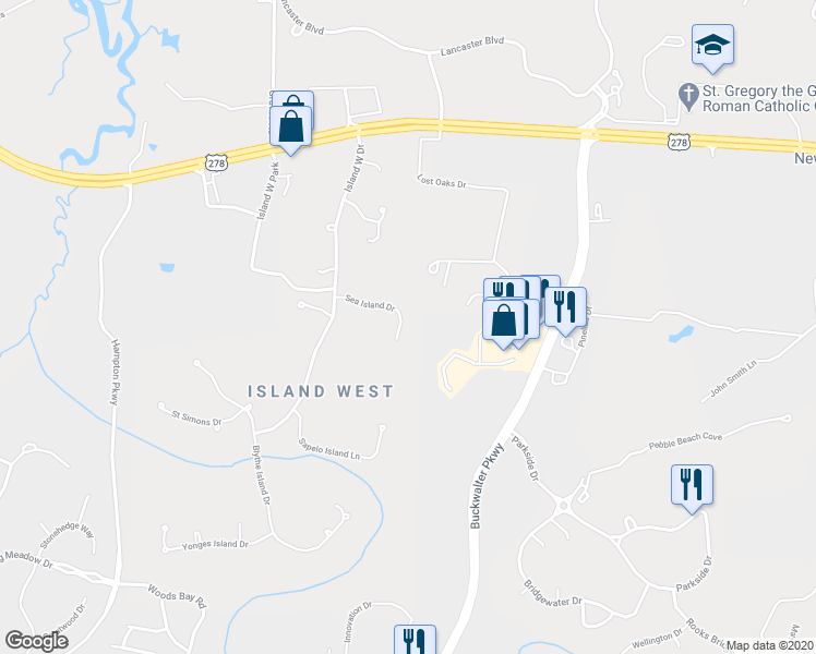 map of restaurants, bars, coffee shops, grocery stores, and more near 25 Sea Island Drive in Bluffton