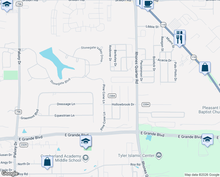 map of restaurants, bars, coffee shops, grocery stores, and more near 5916 Mesquite Drive in Tyler
