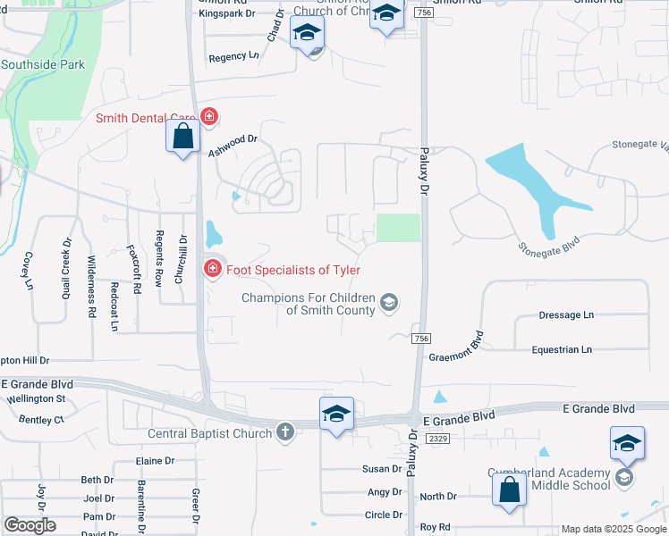 map of restaurants, bars, coffee shops, grocery stores, and more near 5921 Eagles Nest Boulevard in Tyler