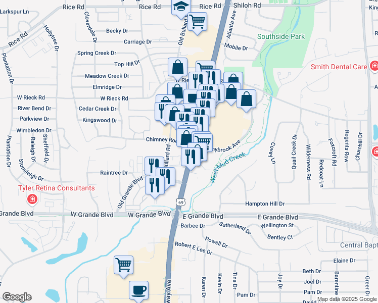 map of restaurants, bars, coffee shops, grocery stores, and more near 6009 South Broadway Avenue in Tyler